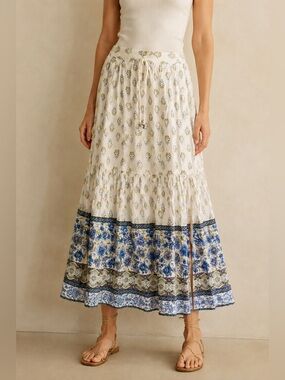 Vintage ANGIE Blue Floral Tiered Maxi Skirt Medium Boho NWT